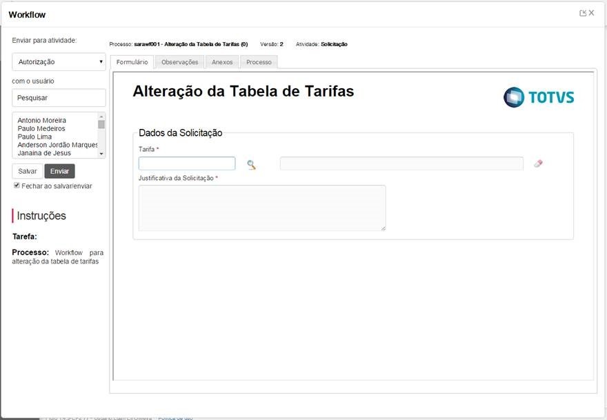 Etapa de solicitação de alteração da tabela de tarifa