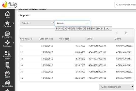 Pesquisa de notas fiscais por cliente