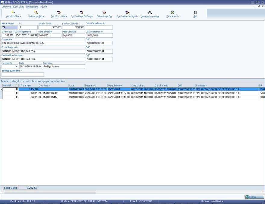 Tela de nota fiscal do SARA