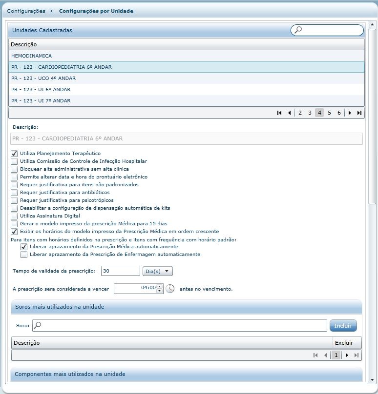 Configurações por unidade