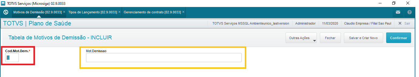 Tela Motivo de Demissão Incluir
