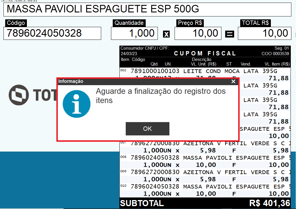 Imagem 5 - Acionamento da opção SubTotal enquanto ainda há item a ser registrado