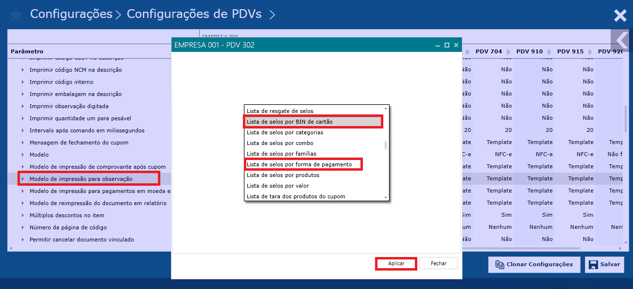 Imagem 5 - Configuração do Template do modelo de impressão para observação