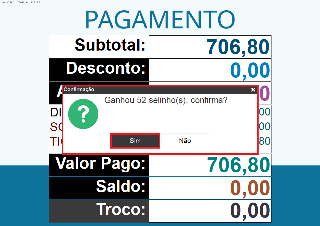 Imagem 1 - Confirmação do ganho de selos por forma de pagamento e BINs de cartão no pagamento da venda