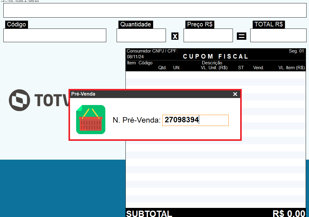 Imagem 6 - Tela Registrar Pré-venda